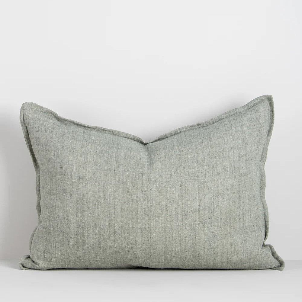Textured sage green linen Lumbar Cushions on a white background