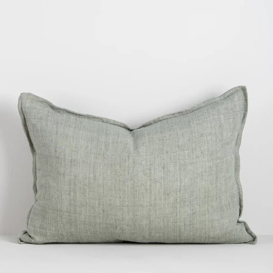 Textured sage green linen Lumbar Cushions on a white background