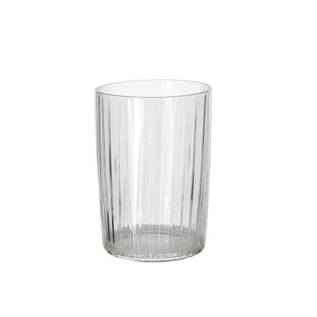 Clear glass tumbler with vertical ridges on a white background