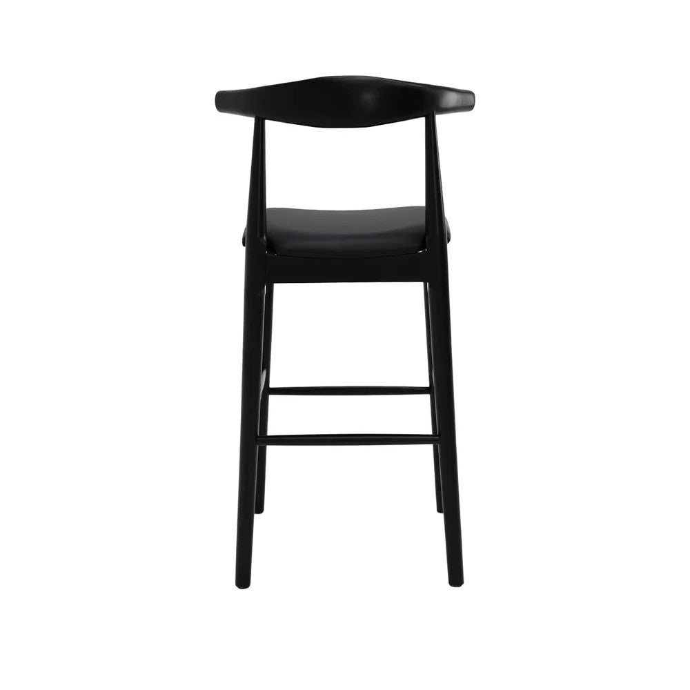 A modern black bar stool with a curved backrest, black leather upholstered seat, and four tapered legs, shown from a back -facing perspective on a solid white background.