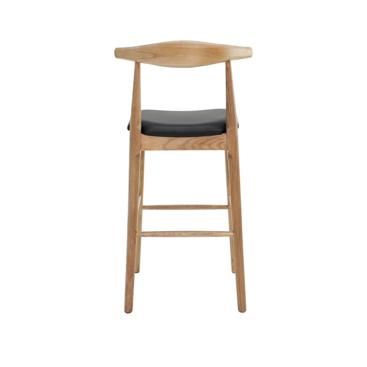 A modern wooden bar stool with a curved natural oak frame and a black upholstered seat cushion, shown from the back against a plain white background.
