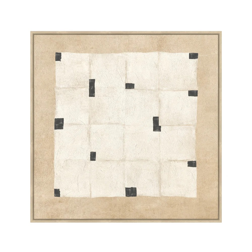 A square abstract art print featuring a cream-colored grid with scattered black rectangular blocks, surrounded by a beige border and a thin light frame, shown against a plain white background.