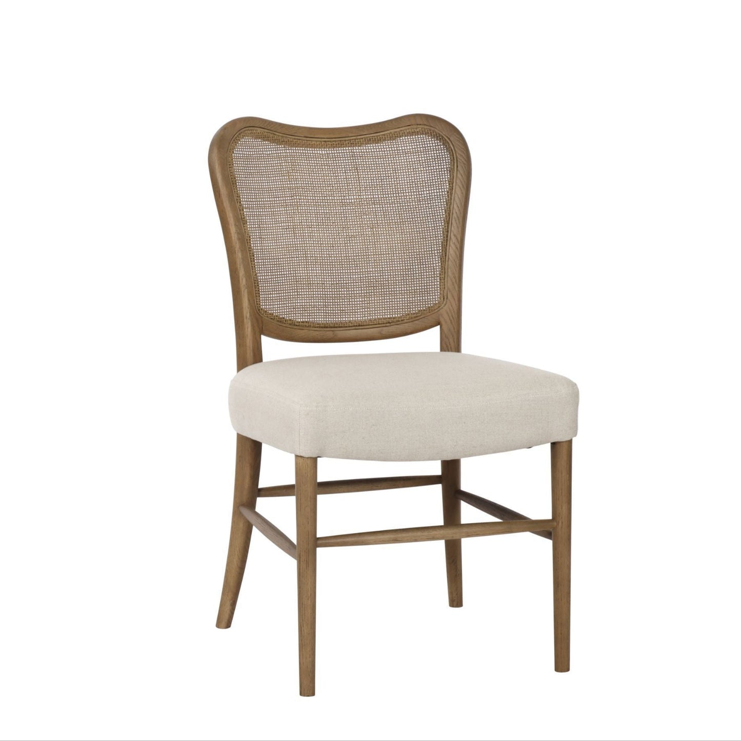 Chair with wooden frame and cream cushion on a white background