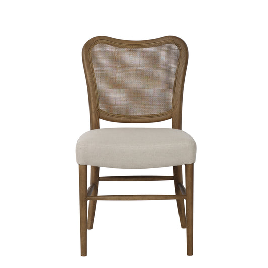Chair with wooden frame and cream cushion on a white background