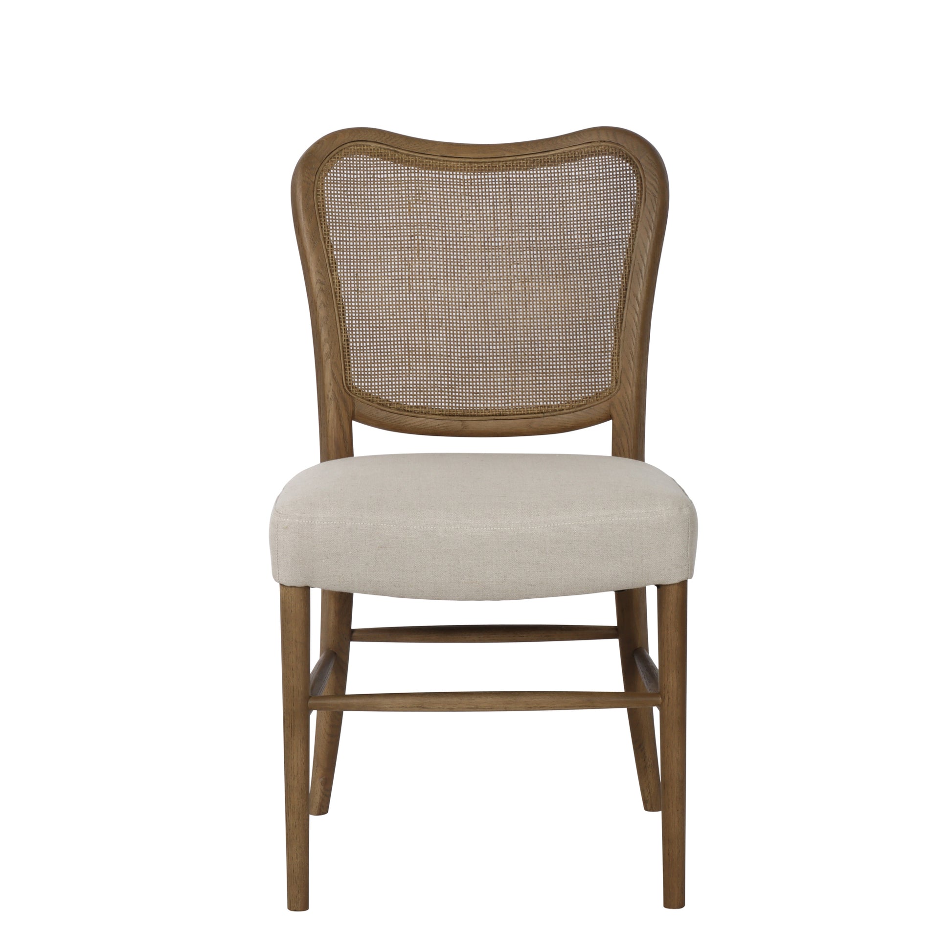 Chair with wooden frame and cream cushion on a white background