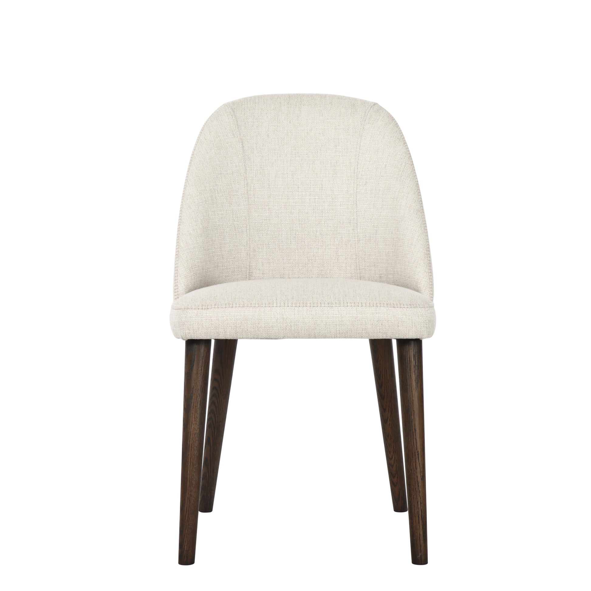 Beige upholstered chair with wooden legs on a white background