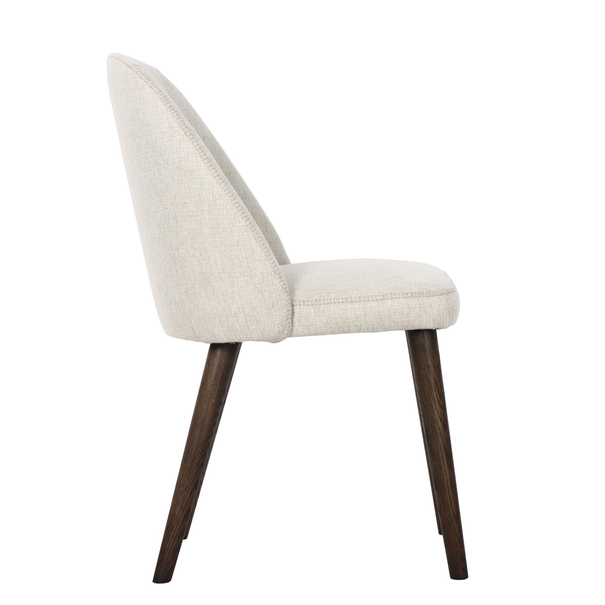 Beige upholstered chair with wooden legs on a white background