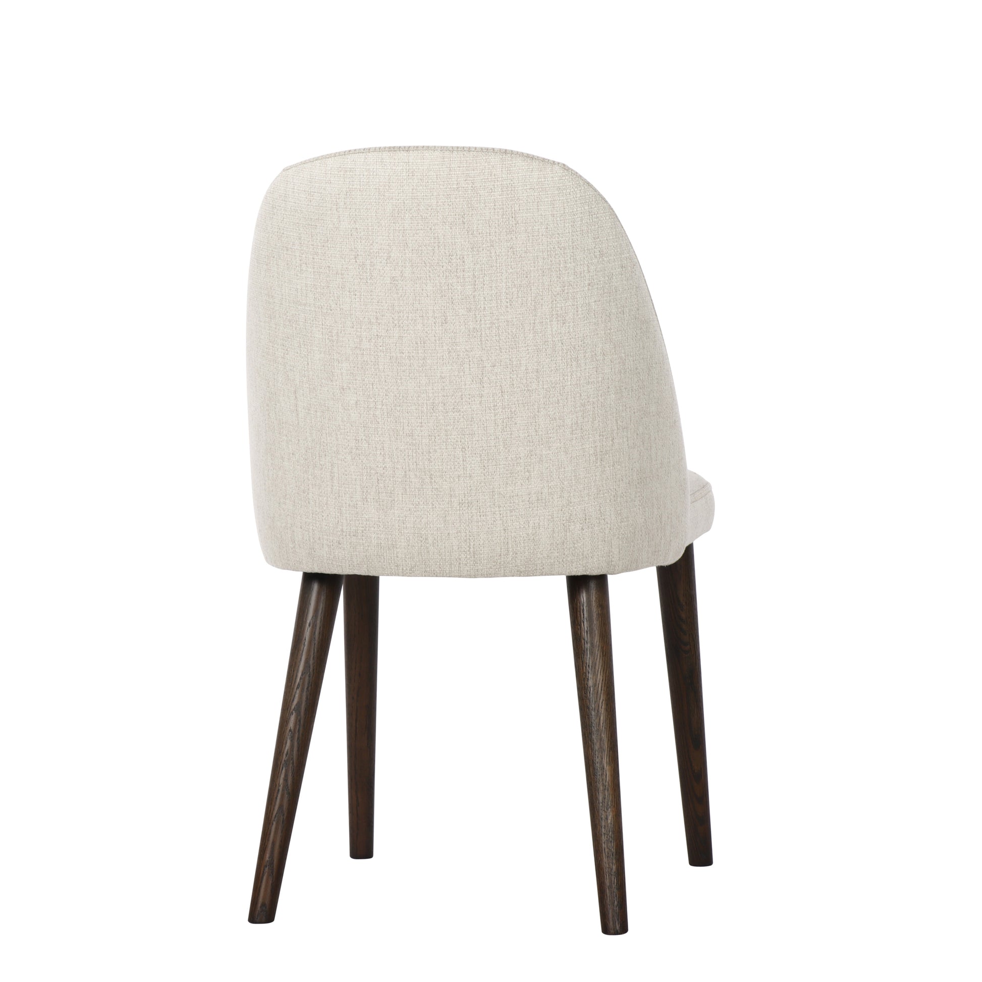 Beige upholstered chair with dark wooden legs on a white background
