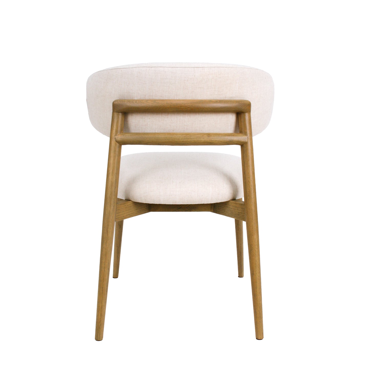 Chair with wooden frame and white cushion on a white background