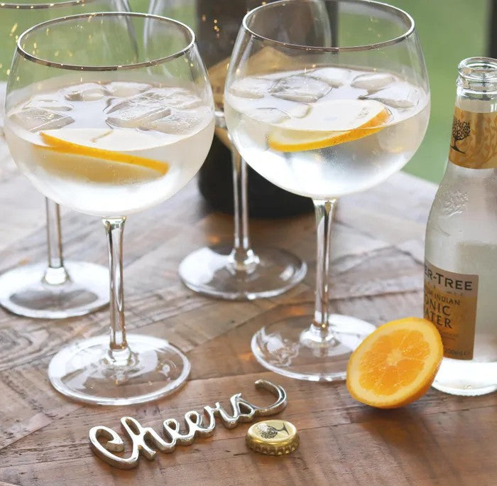 Two gin glasses with lemon slices, a bottle ofgin, and an 'Cheers' sign on a wooden surface.