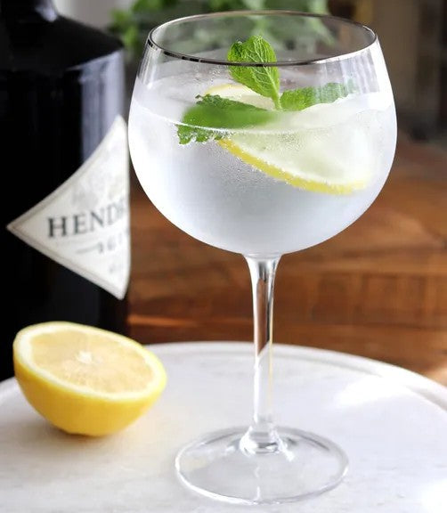 Gin and tonic with lemon and mint garnish next to a bottle of Hendrick's gin.