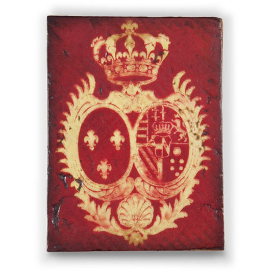 Red book cover with gold emblem and crown on a white background