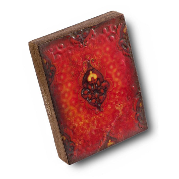 Red textured block with a decorative emblem on a white background