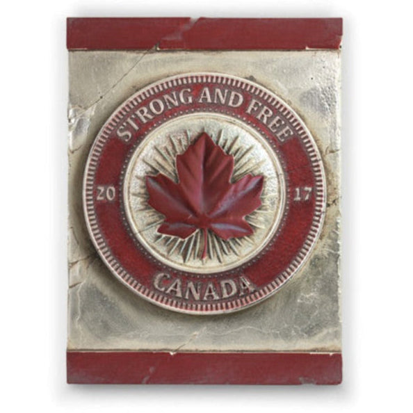Medal with a red maple leaf and 'Strong and Free Canada' text on a white background