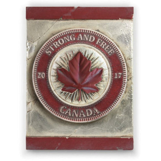 Medal with a red maple leaf and 'Strong and Free Canada' text on a white background