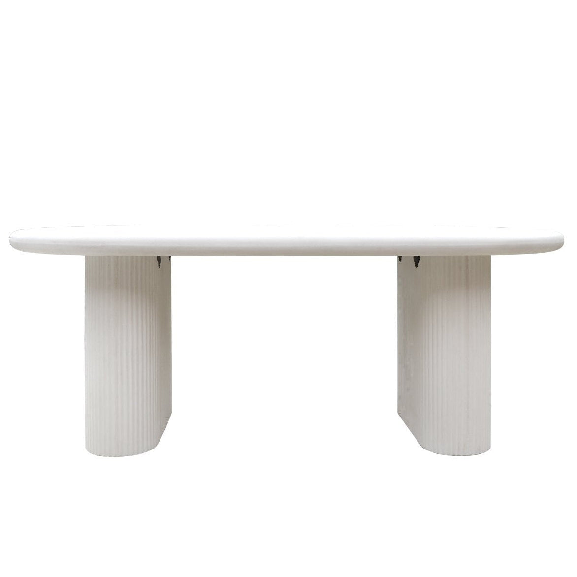 White dining table with ribbed cylindrical legs on a white background