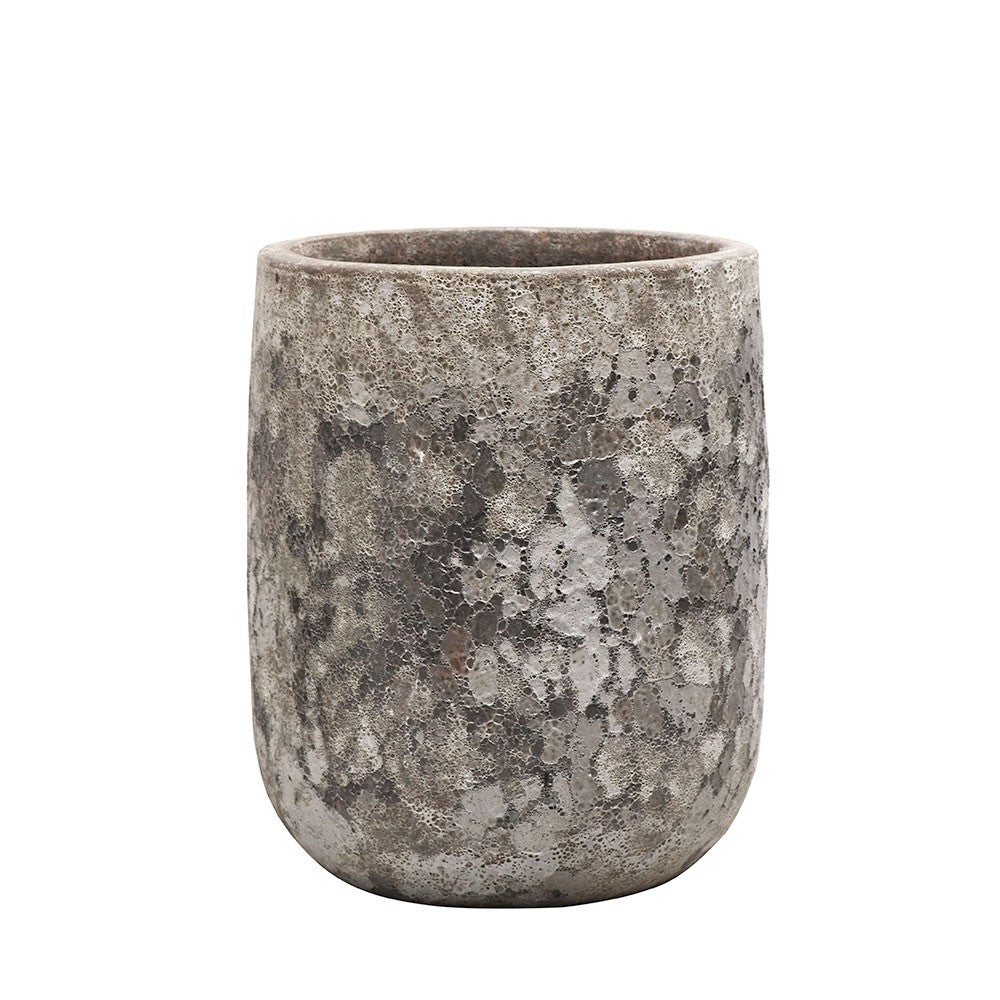 Textured grey ceramic pot on a white background