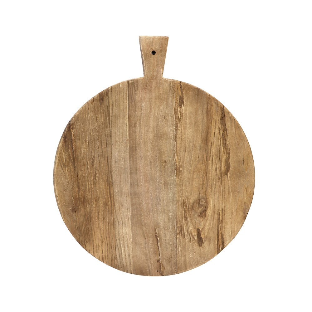 Round wooden serving board with a handle on a white background