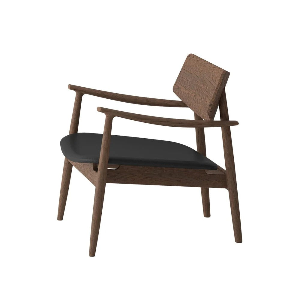 Wooden armchair with black leather seat cushion on a white background