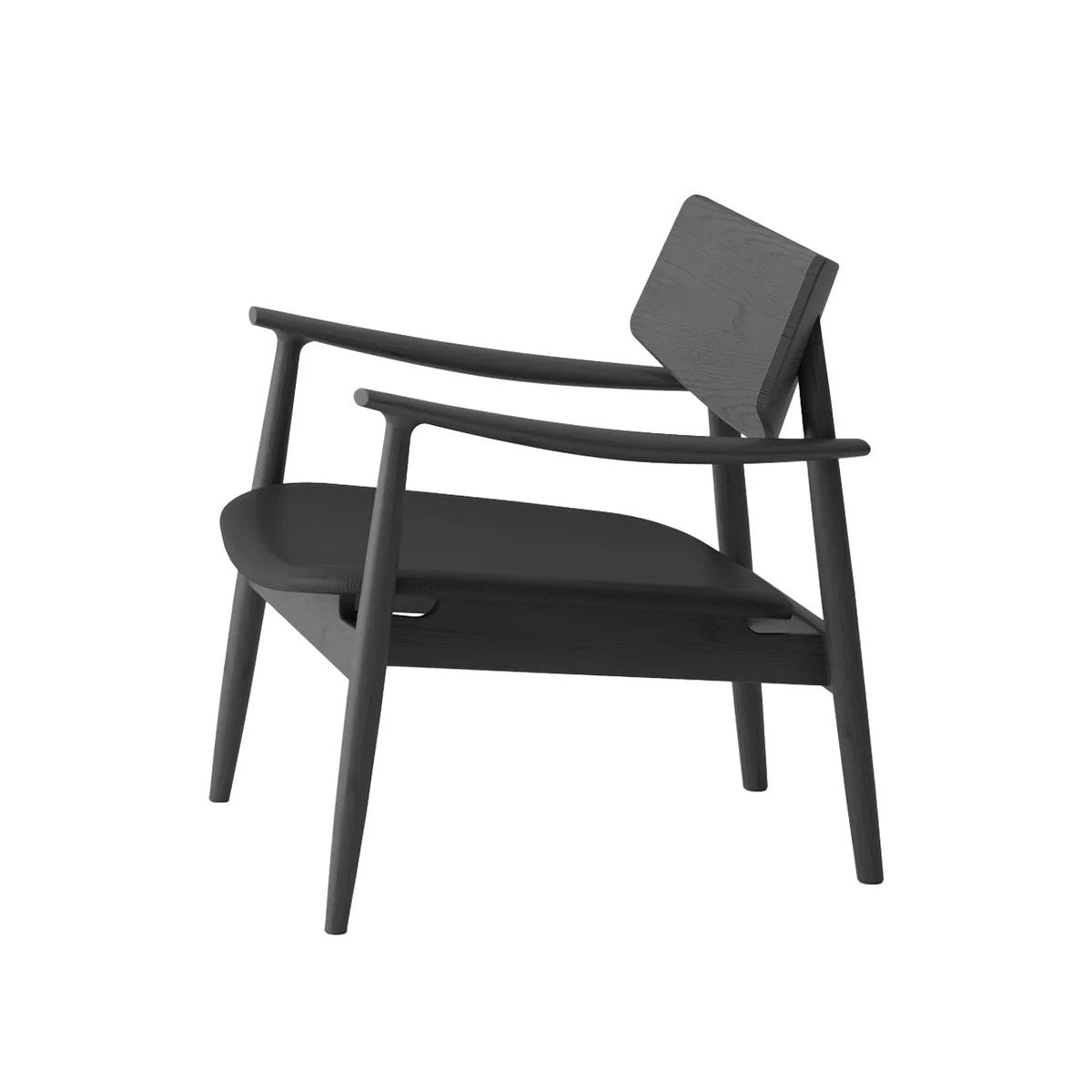 Side profile of black occasional chair on a white background