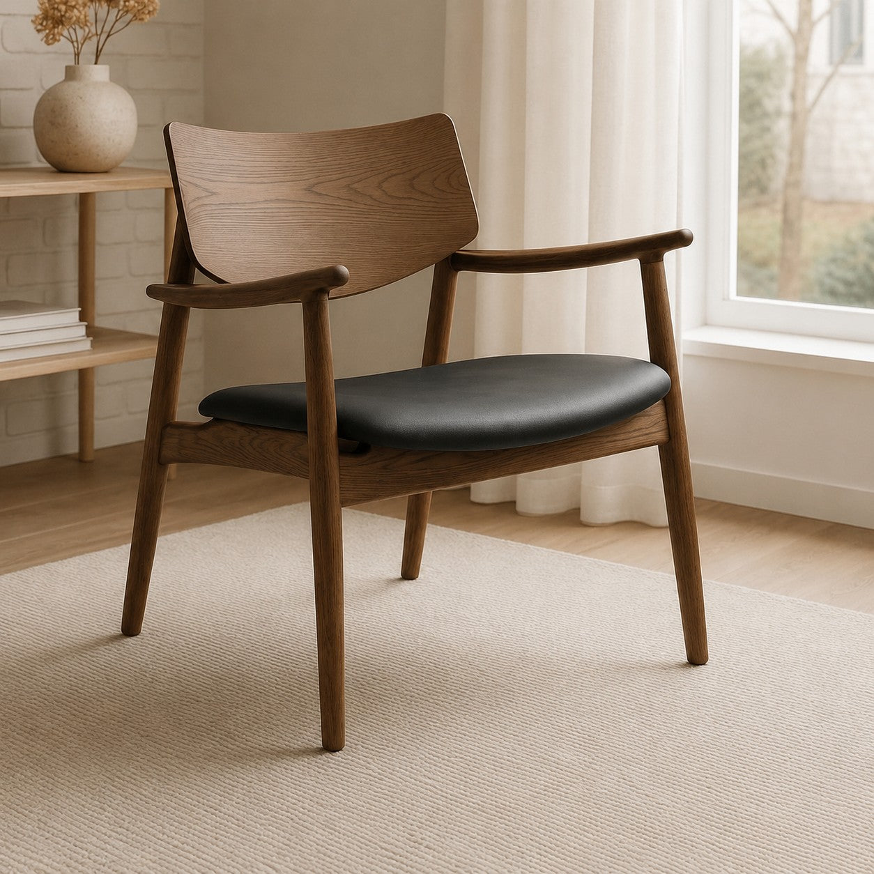 A mid-century modern wooden armchair with a black leather seat cushion, placed on a textured beige rug in a bright, minimalist room with a window and light wood floor.