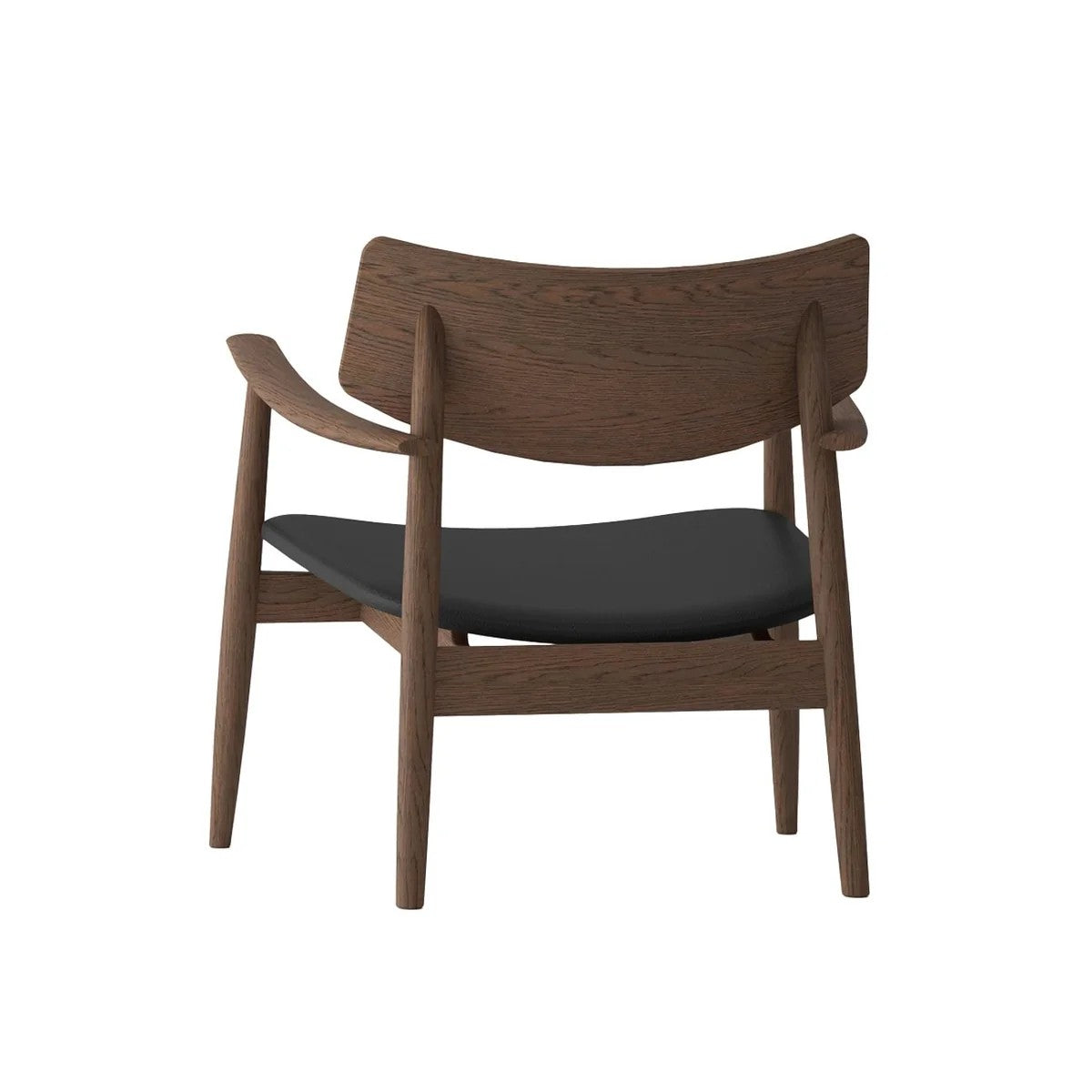 Walnut coloured chair with a black seat on a white background