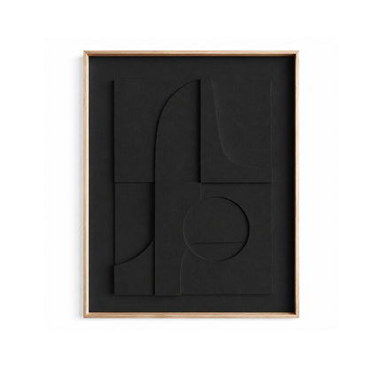 Abstract black wall art with layered geometric shapes and a light wood frame, shown against a plain white background.