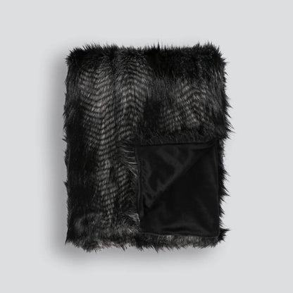 Black Coyote faux fur throw blanket on a white background