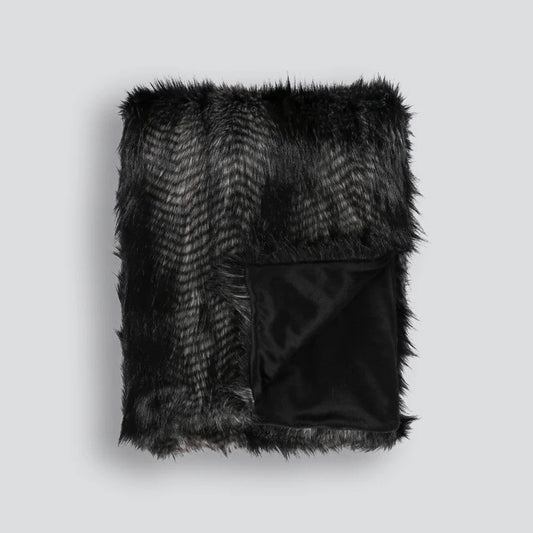 Black Coyote faux fur throw blanket on a white background