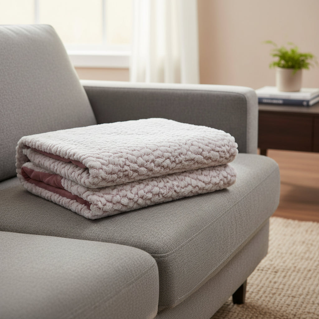 Faux fur throw in blush pink sitting folded on a Sofa.

