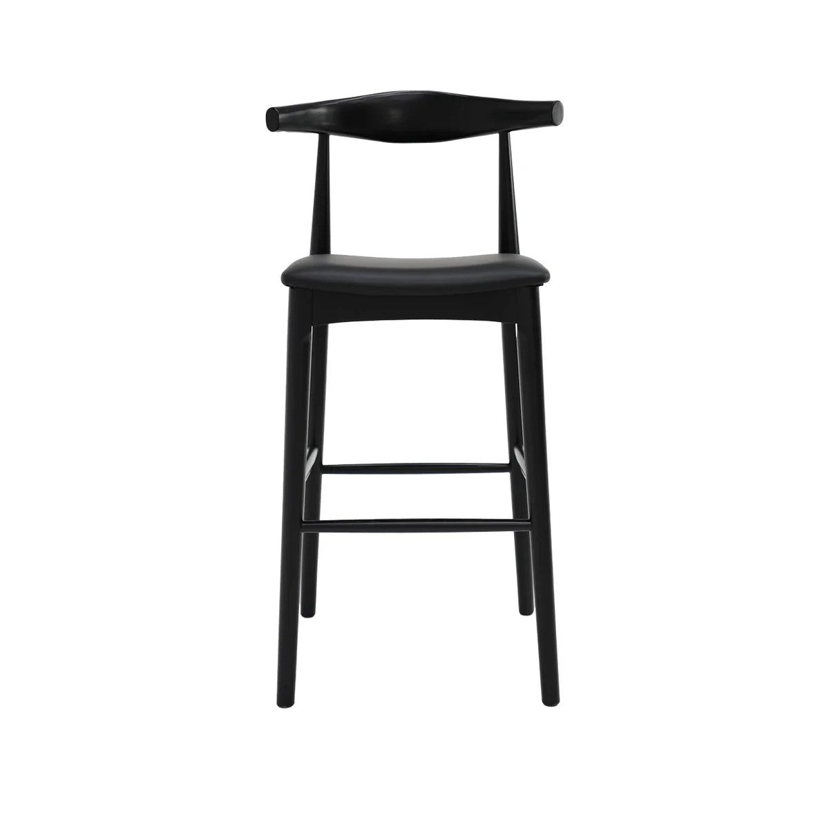 A modern black bar stool with a curved wooden backrest, padded leather seat, and four tapered legs, shown against a plain white background.