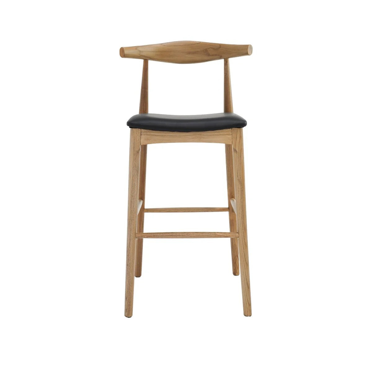 A modern wooden bar stool with a natural oak frame, a curved backrest, and a black cushioned seat, shown against a plain white background.