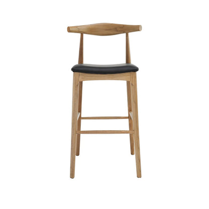 A modern wooden bar stool with a natural oak frame, a curved backrest, and a black cushioned seat, shown against a plain white background.