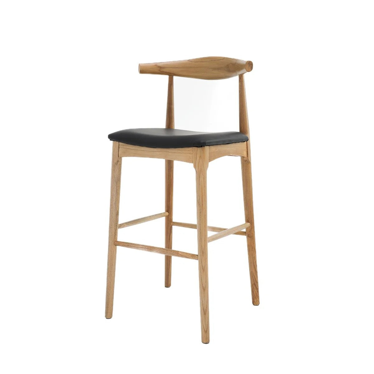 Wooden bar stool with black seat on a white background