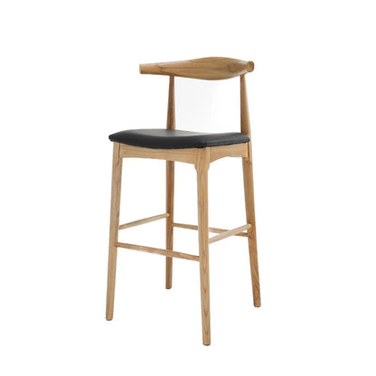 Wooden bar stool with black seat on a white background