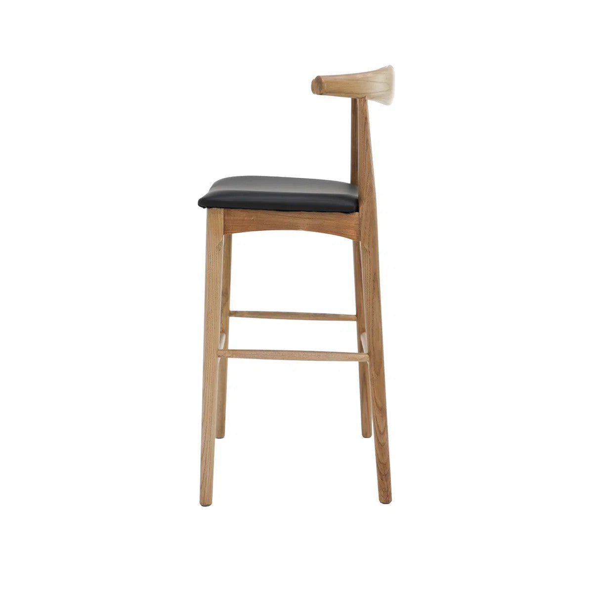 A modern wooden bar stool with a light oak frame, a curved wooden backrest, and a black upholstered seat cushion, shown against a plain white background.