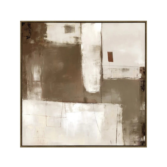 An abstract framed wall art print featuring a geometric composition in shades of brown, beige, and off-white, with a small rust-colored accent block.