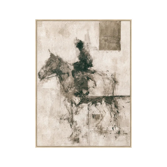 A framed abstract art print depicting a horse and rider in dark charcoal and black brushstrokes over a textured beige background, enclosed in a natural wood frame.