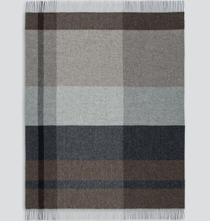 Plaid throw blanket with brown, grey, and charcoal pattern on a white background