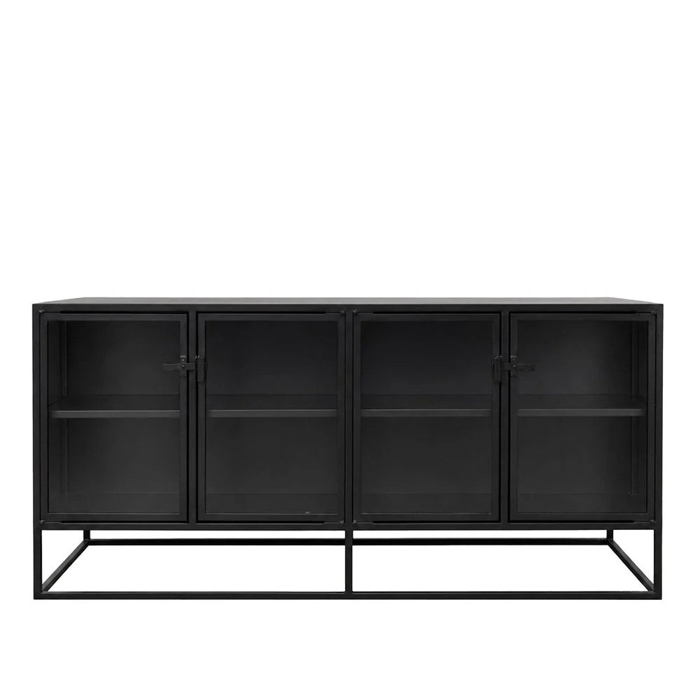 Black metal sideboard with glass panels on a white background