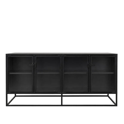 Black metal sideboard with glass panels on a white background