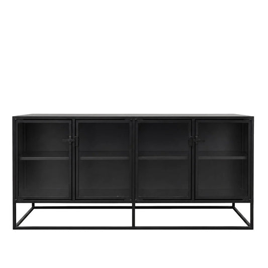 Black metal sideboard with glass panels on a white background
