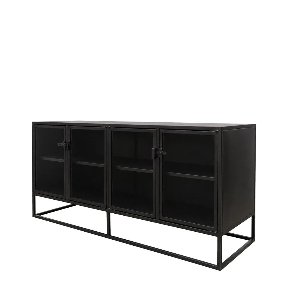 Black metal sideboard with glass doors on a white background