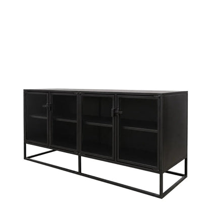 Black metal sideboard with glass doors on a white background