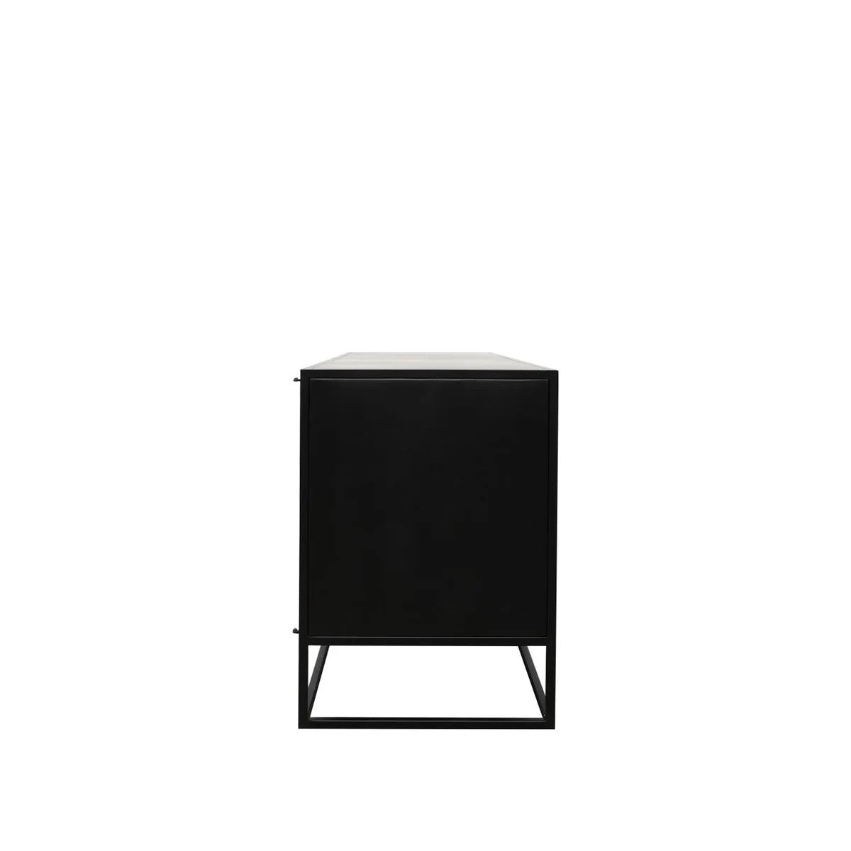 Side detail of black metal sideboard showing hinge and base details on a white background