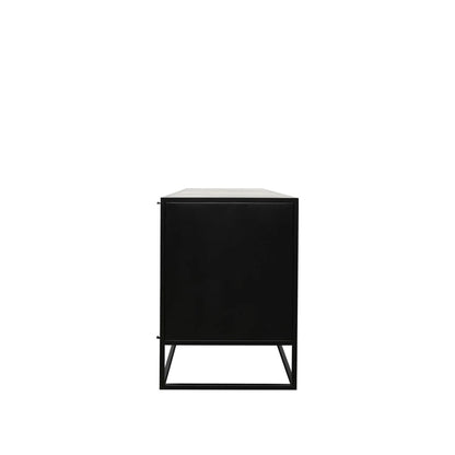 Side detail of black metal sideboard showing hinge and base details on a white background