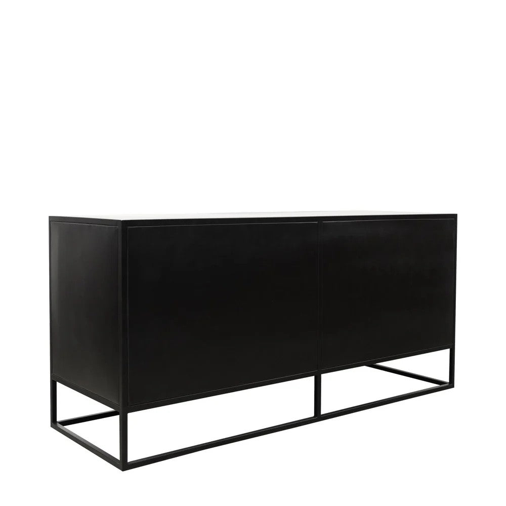 Back detailing of a black metal sideboard, showing detailing on a plain white background