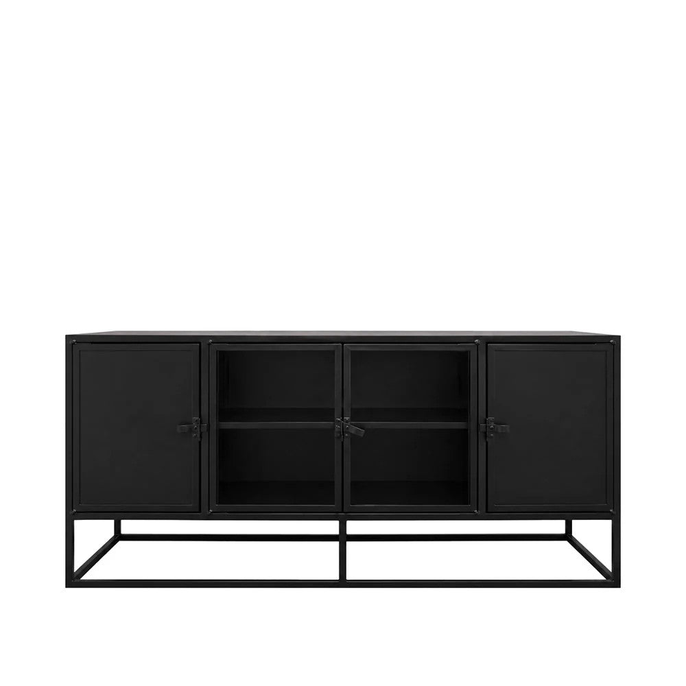 Black cabinet with glass doors on a white background