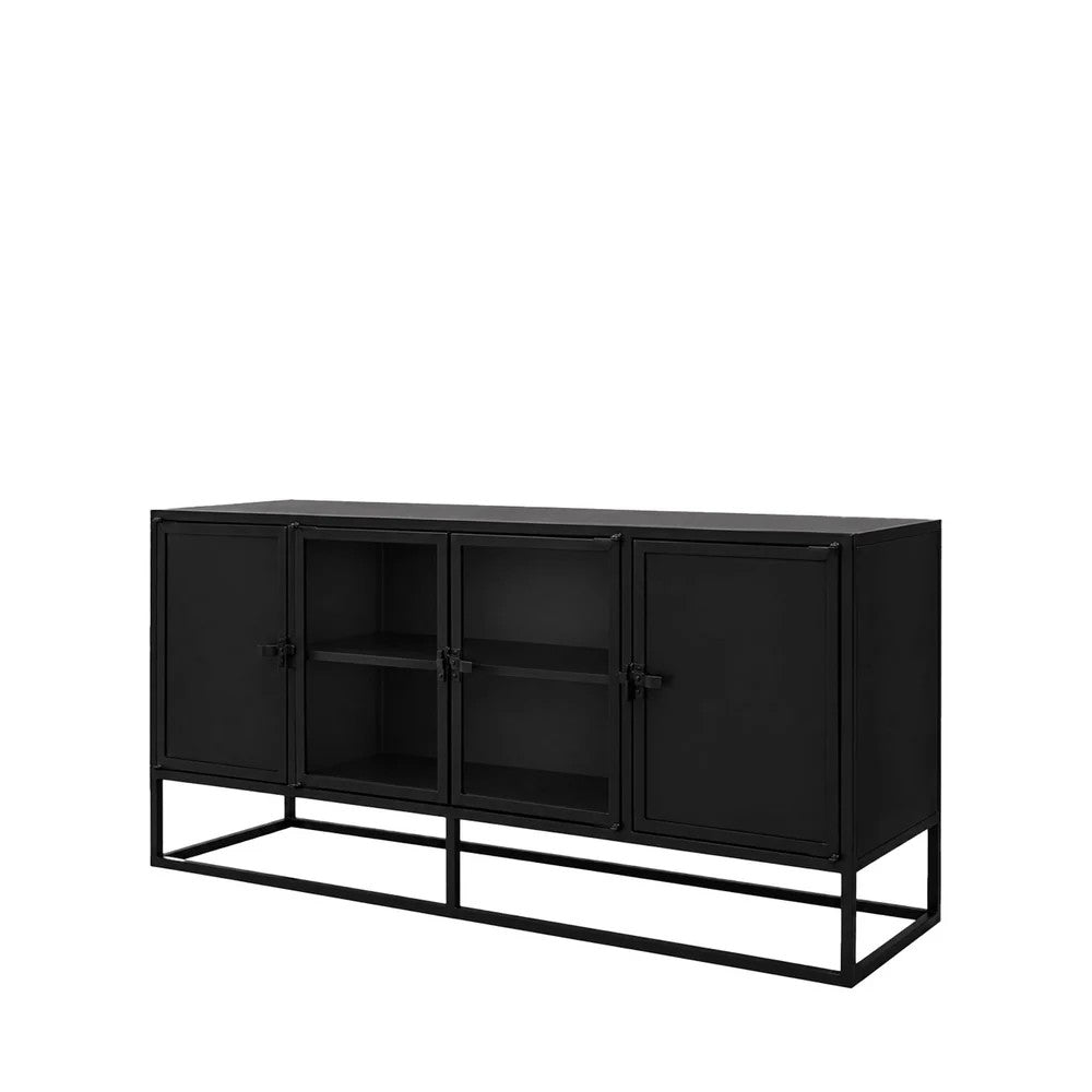 A modern black sideboard cabinet with two glass-front doors, two open shelves, and a low open metal frame base, shown on a plain white background.