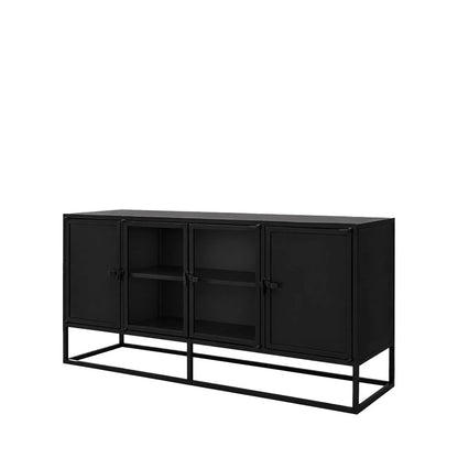 A modern black sideboard cabinet with two glass-front doors, two open shelves, and a low open metal frame base, shown on a plain white background.